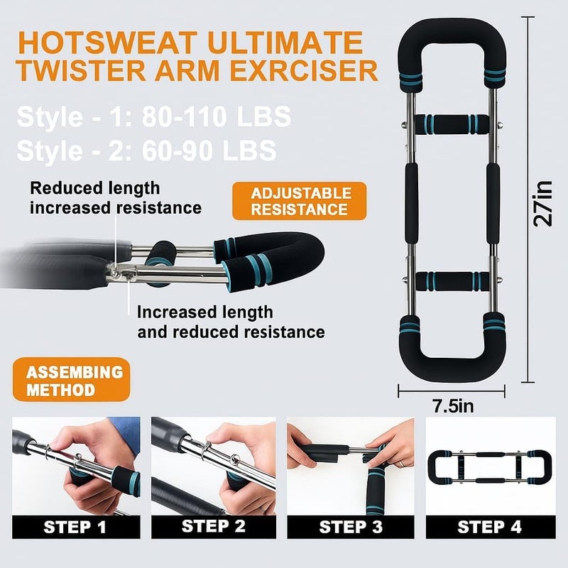 isk Power Twister Bar Arm Trainer 60-100lb Adjustable Resistance, Chest Expander & Arm Strengthener, Portable Upper Body Workout Equipment, Compact Detachable Fitness Training Tool for Home Gym (Blue) - Image 2